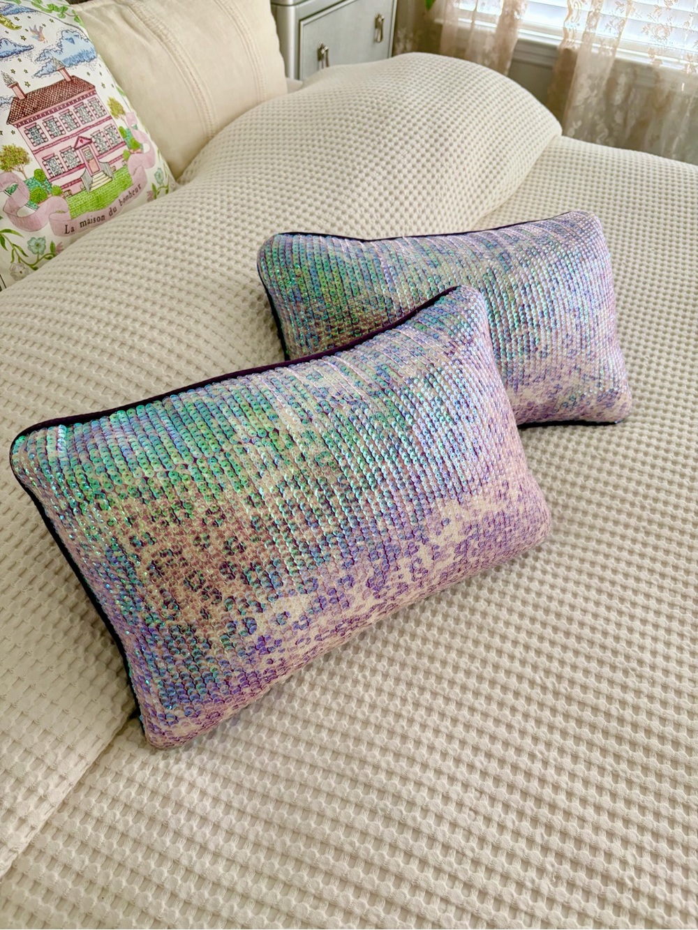 Cynthia Rowley Iridescent Purple Leopard Print Lavender Sequin Decor Pillows Set